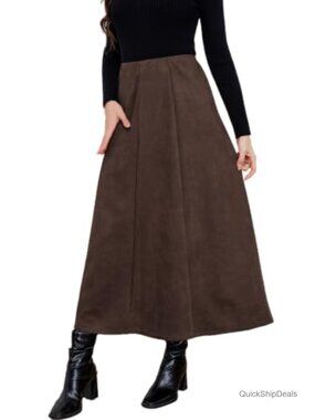 Faux Suede Midi Skirt High Waisted A-Line Flowy Long Skirt